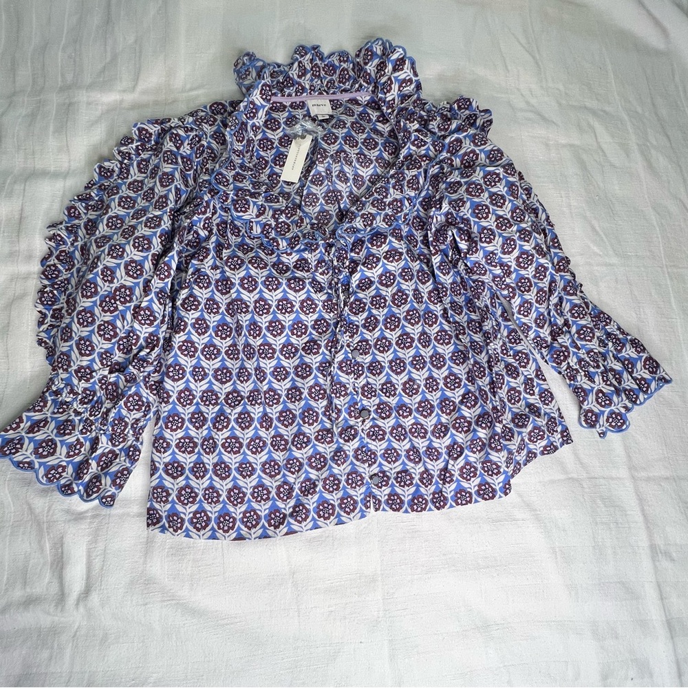 Maeve by Anthropologie Periwinkle Blue White Patterned Ruffled Top Large